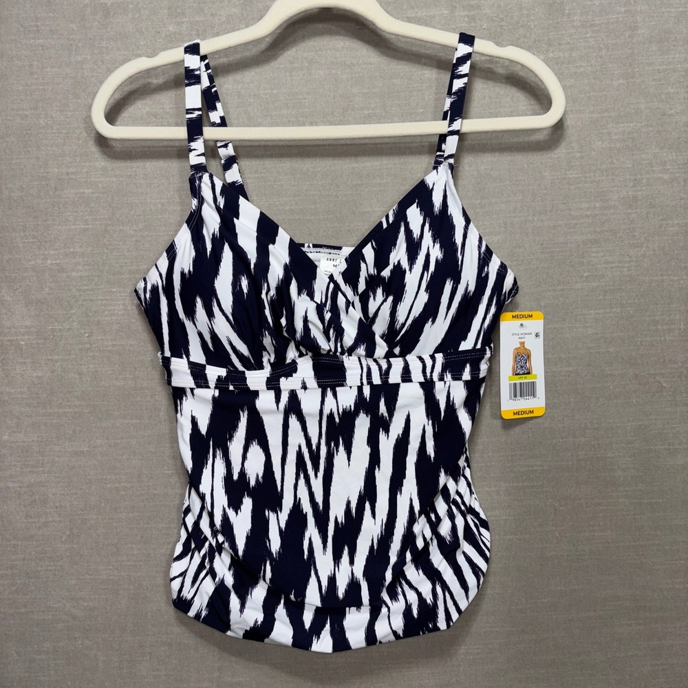 New ANNE COLE Ikat Print Tankini Swim Top M Navy Blue White UPF 50 Bohoâ Retro